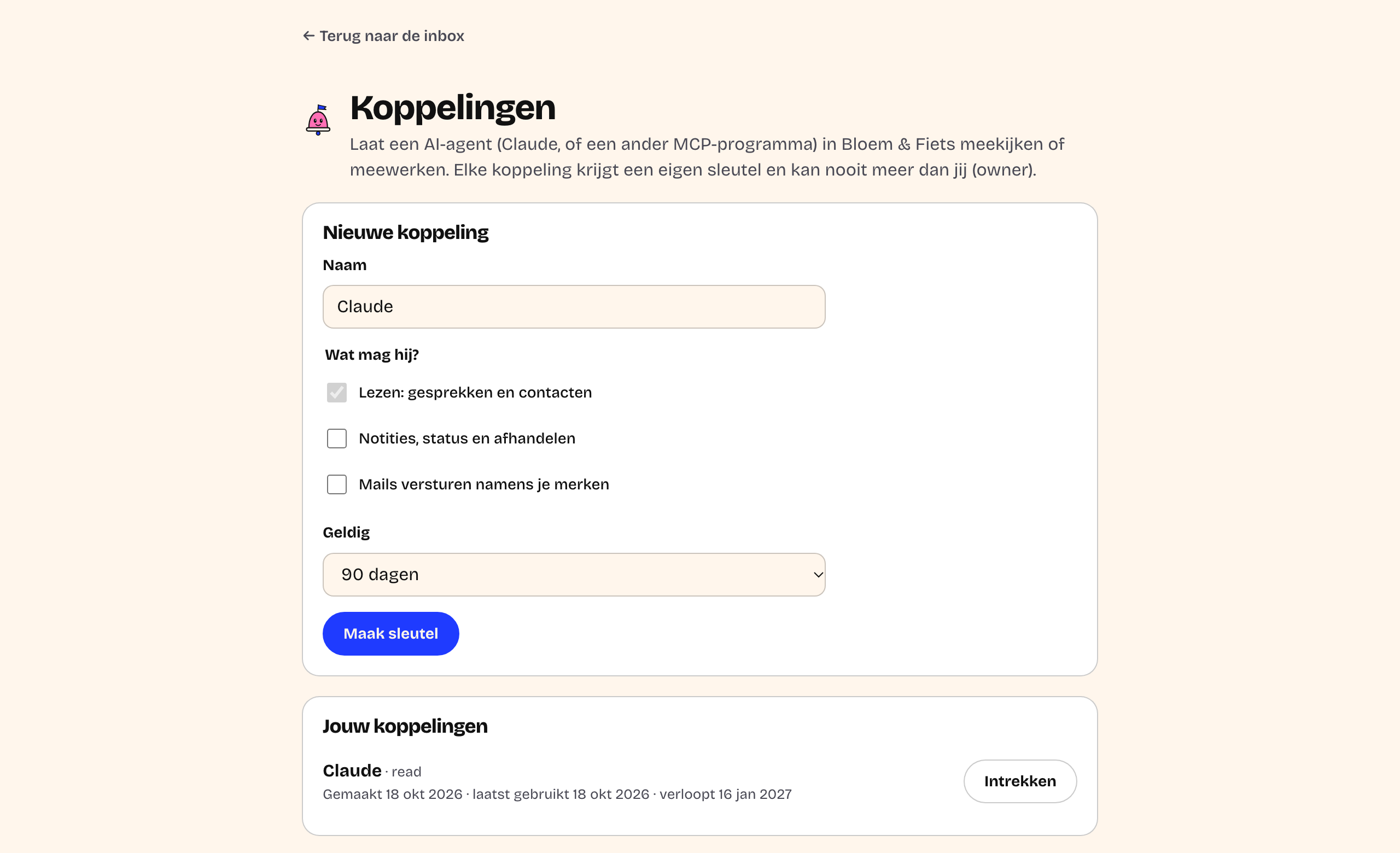 The Connections screen: a new connection for Claude, with checkboxes for reading, notes and status, and sending email, valid for 90 days.