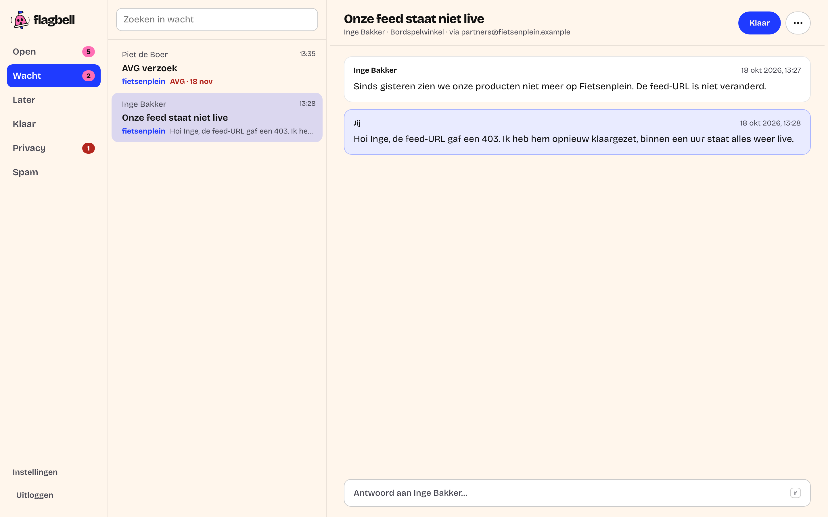 A conversation in Flagbell: a partner reports that their product feed isn't live, with the reply below it and a collapsed reply box.